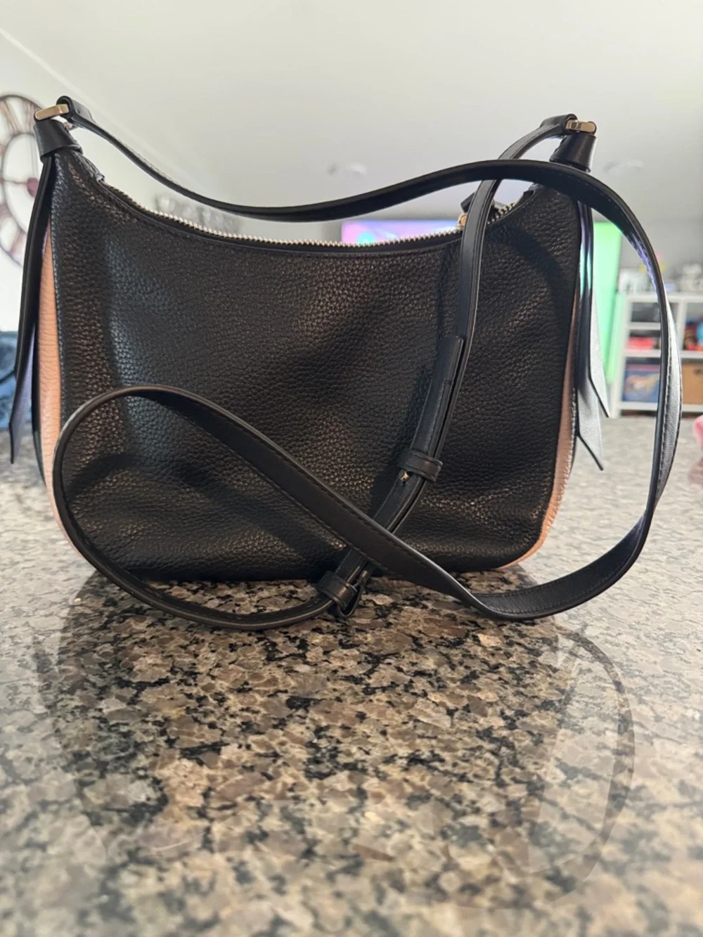kate spade Black Pebbled Leather Shoulder Bag with Blush Trim